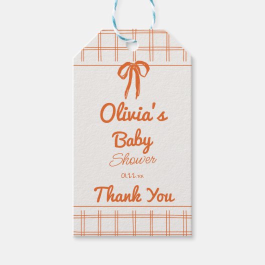 Retro Hand Drawn Neutral Bow Gingham Baby Shower ギフトタグ (正面)