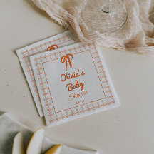 Retro Hand Drawn Orang Bow Gingham Baby Shower