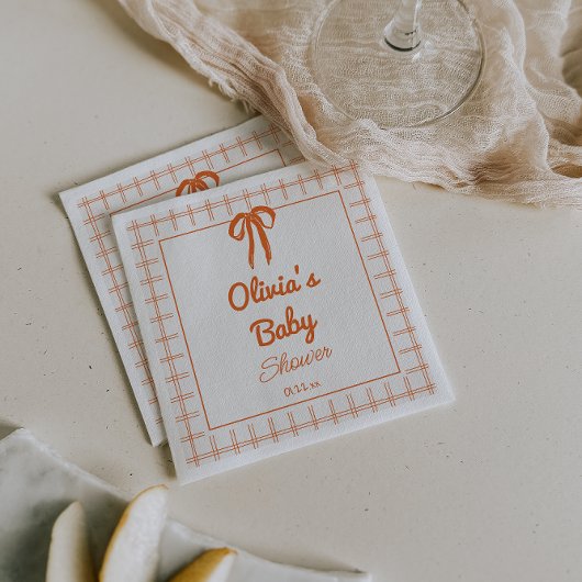 Retro Hand Drawn Orang Bow Gingham Baby Shower スタンダードカクテルナプキン