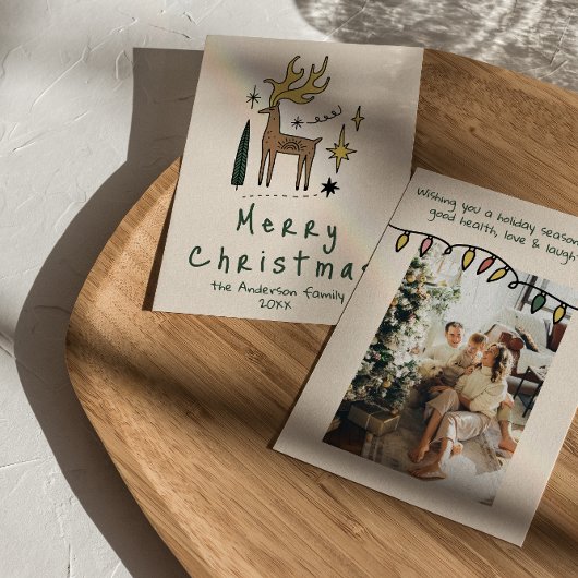 Retro Hand Drawn Painted Reindeer Merry Christmas シーズンカード