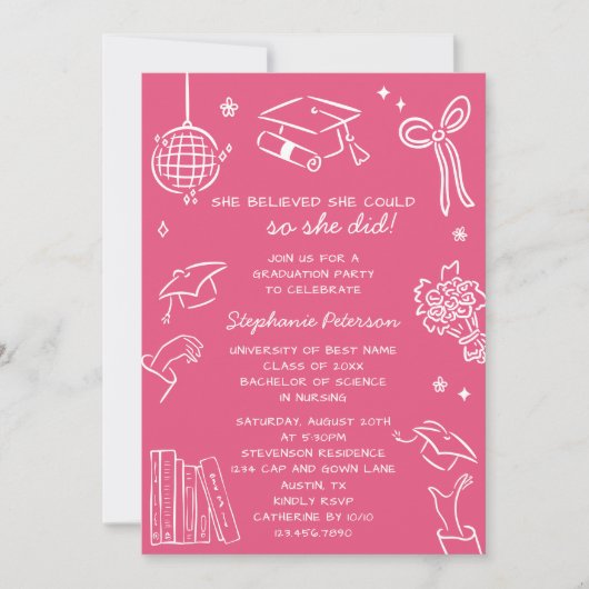 Retro Hand Drawn Pink Doodle Photo Graduation 招待状 (正面)