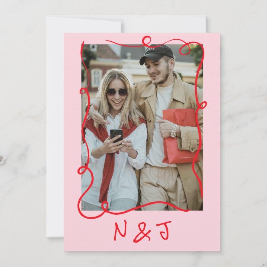 Retro Hand Drawn Pink Red Funky Wedding 招待状 (裏面)