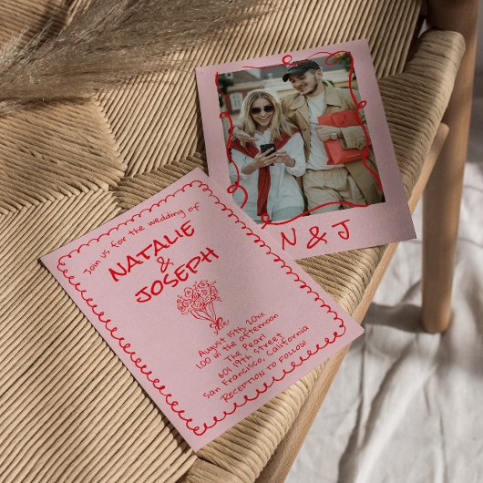 Retro Hand Drawn Pink Red Funky Wedding 招待状