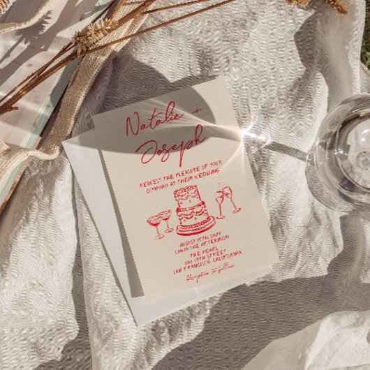 Retro Hand Drawn Red Cake Quirky Unique Wedding 招待状