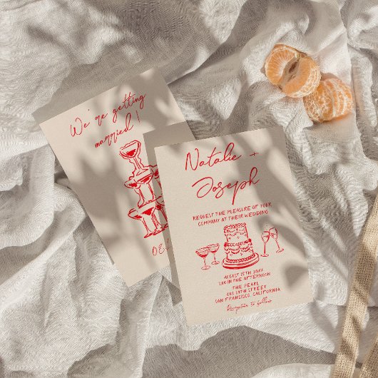 Retro Hand Drawn Red Cake Quirky Unique Wedding 招待状