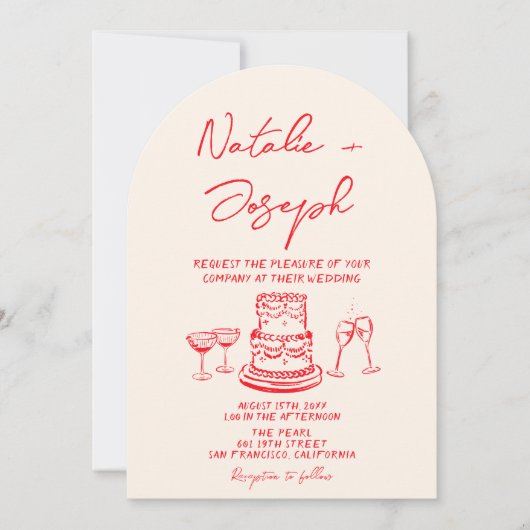 Retro Hand Drawn Red Cake Unique Arched  Wedding 招待状 (正面)