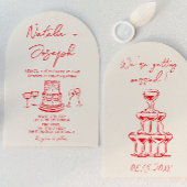 Retro Hand Drawn Red Cake Unique Arched  Wedding 招待状