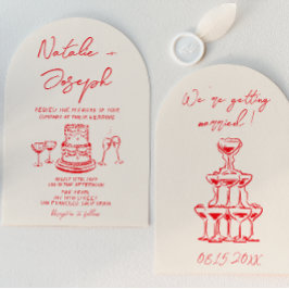 Retro Hand Drawn Red Cake Unique Arched  Wedding 招待状
