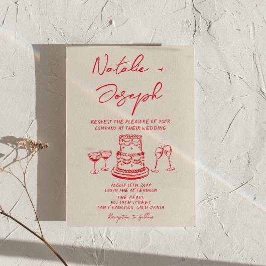 Retro Hand Drawn Red Cake Unique Photo Wedding 招待状