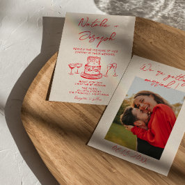 Retro Hand Drawn Red Cake Unique Photo Wedding 招待状