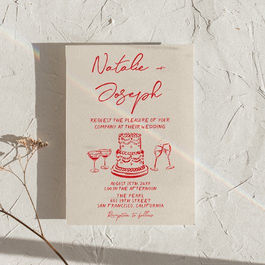 Retro Hand Drawn Red Cake Unique QR Code Wedding 招待状