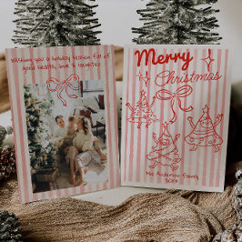 Retro Hand Drawn Red Funny Christmas Trees Bow シーズンカード