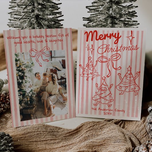 Retro Hand Drawn Red Funny Christmas Trees Bow シーズンカード