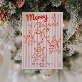 Retro Hand Drawn Red Funny Christmas Trees Bow シーズンカード