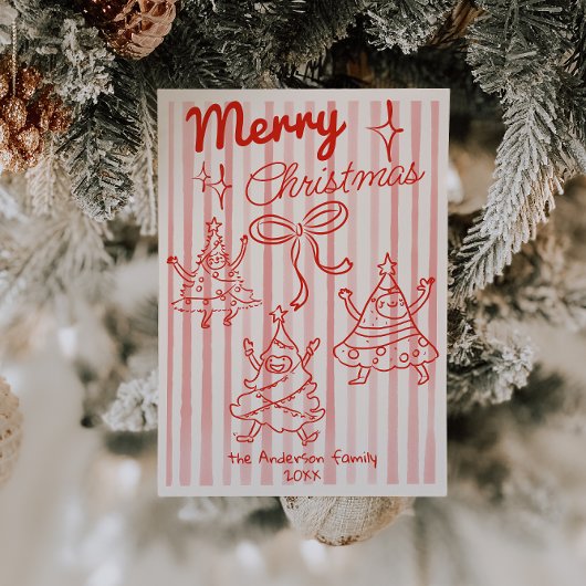 Retro Hand Drawn Red Funny Christmas Trees Bow シーズンカード