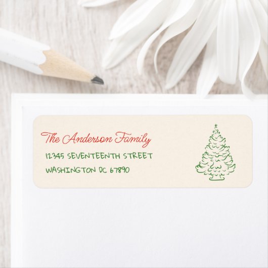 Retro Hand Drawn Red Green Christmas Tree Adress ラベル (インサイチュ)