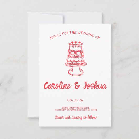 Retro Hand Drawn Red Quirky Cake Modern Wedding  サンキューカード (正面)