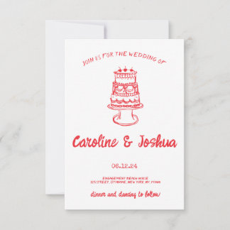 Retro Hand Drawn Red Quirky Cake Modern Wedding  サンキューカード