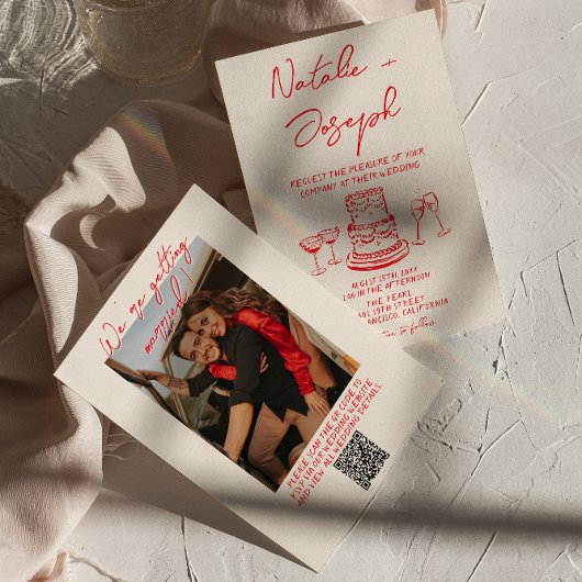 Retro Hand Drawn Red Unique QR Code Photo Wedding 招待状