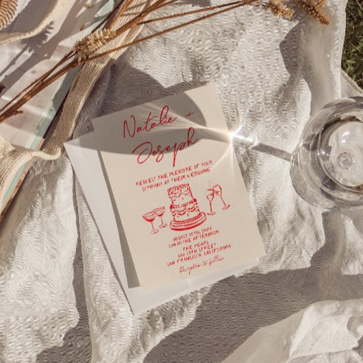 Retro Hand Drawn Red Unique QR Code Photo  Wedding 招待状