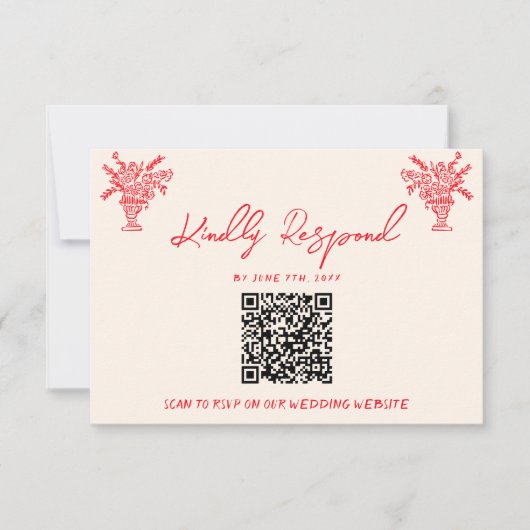 Retro Hand Drawn Red Unique QR Code Wedding RSVP (正面)
