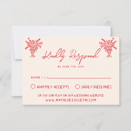 Retro Hand Drawn Red Unique Quirky Wedding RSVP (正面)
