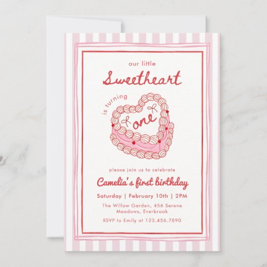 Retro Hand Drawn Valentine Girl First Birthday 招待状 (正面)