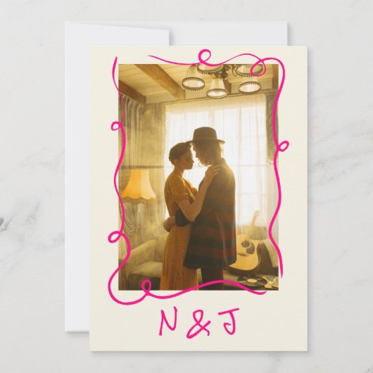 Retro Hand Drawn Vivid Pink Modern Photo Wedding 招待状 (裏面)