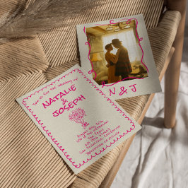 Retro Hand Drawn Vivid Pink Modern Photo Wedding 招待状