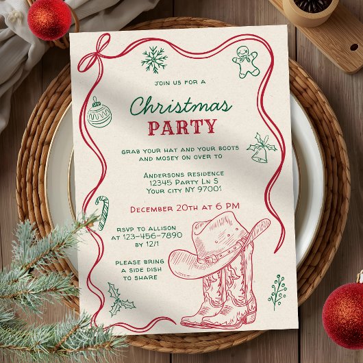 Retro Hand Drawn Western Cowboy Christmas Party 招待状