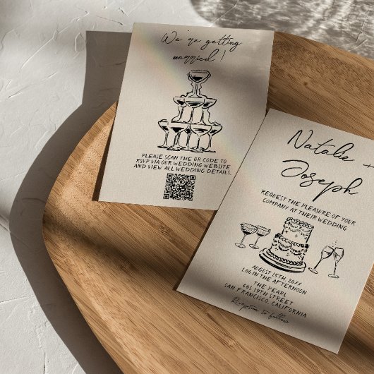 Retro Hand Drawn Written Cake QR Code Wedding 招待状
