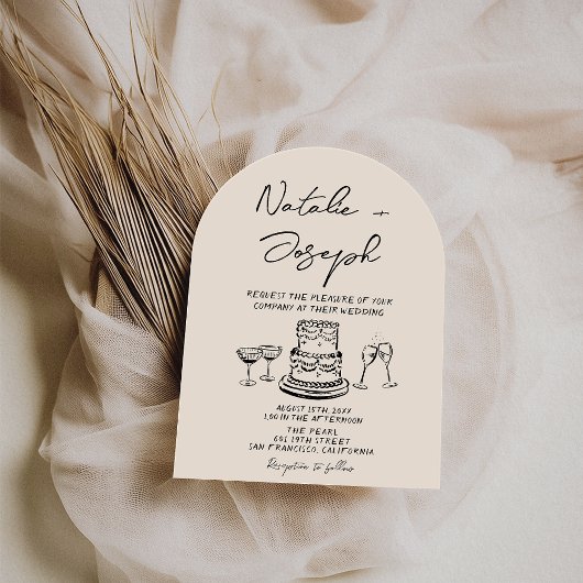 Retro Hand Drawn Written Cake Quirky Arch Wedding 招待状