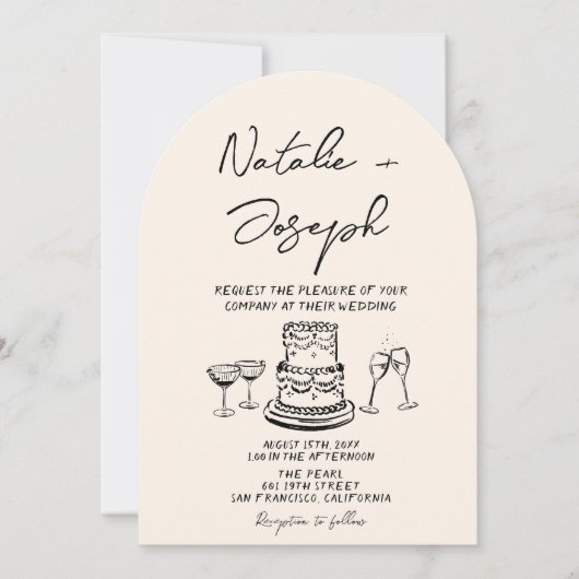 Retro Hand Drawn Written Cake Quirky Arch Wedding 招待状 (正面)