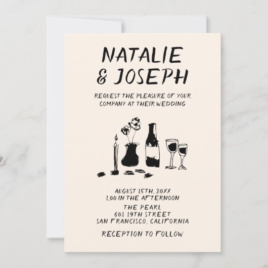 Retro Hand Drawn Written Champagne QR Code Wedding 招待状 (正面)