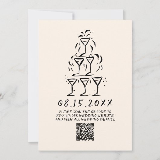 Retro Hand Drawn Written Champagne QR Code Wedding 招待状 (裏面)