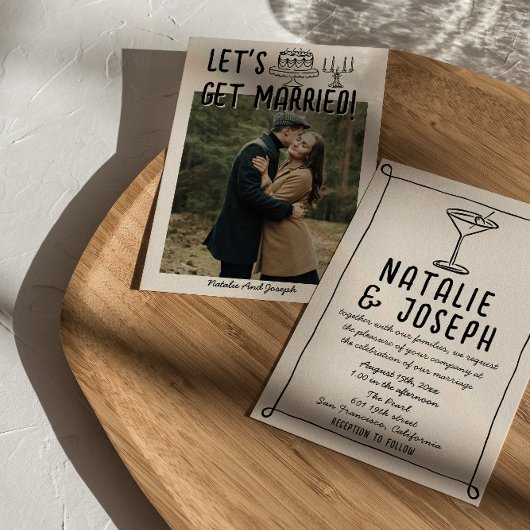 Retro Hand Drawn Written Cocktail Photo Wedding 招待状