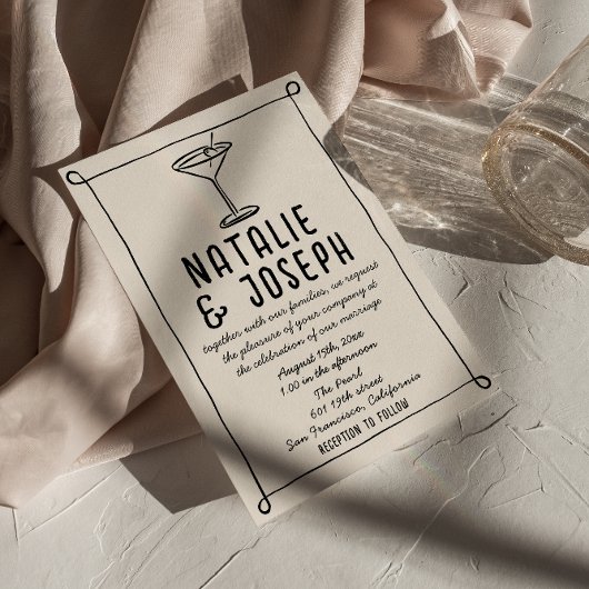 Retro Hand Drawn Written Cocktail Photo Wedding 招待状