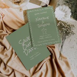 Retro Hand Drawn Written Green Funky Boho Wedding セーブザデート