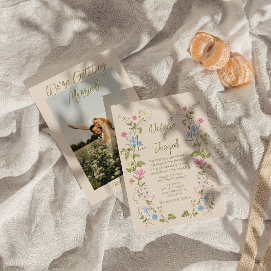 Retro Hand Written Drawn Floral Summer Wedding 招待状