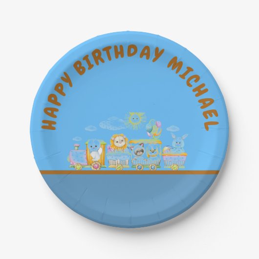 Retro Happy Birthday Animal Train Paper Plate ペーパープレート (正面)