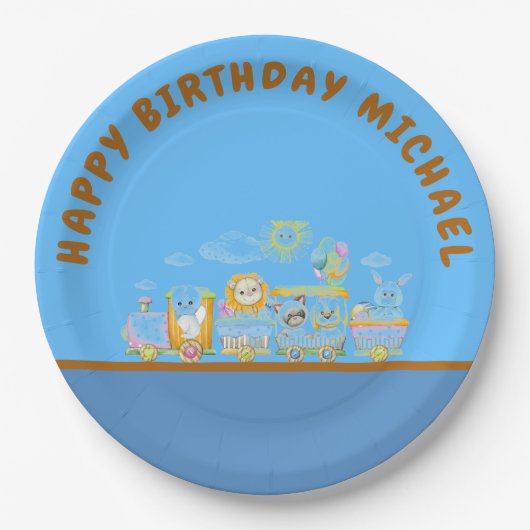 Retro Happy Birthday Animal Train Paper Plate ペーパープレート (正面)