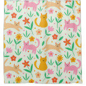 Retro Happy Cats with Orange Red and peach flowers シャワーカーテン (正面)