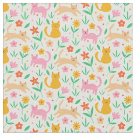 Retro Happy Cats with Orange Red and peach flowers ファブリック
