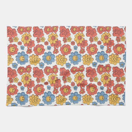 Retro Happy Face Florals  キッチンタオル (横)