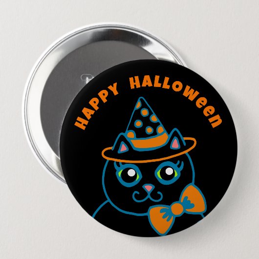 Retro Happy Halloween Black Cat Button  缶バッジ (正面&裏面)