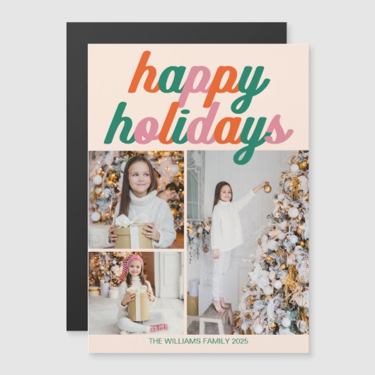 Retro Happy Holidays 3 Photo Collage Magnet Card (正面/裏面)