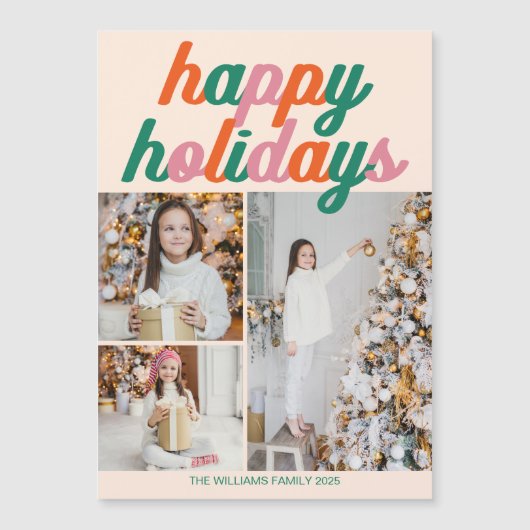 Retro Happy Holidays 3 Photo Collage Magnet Card (正面)