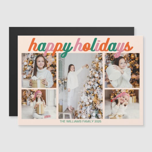 Retro Happy Holidays 5 Photo Collage Magnet Card (正面/裏面)