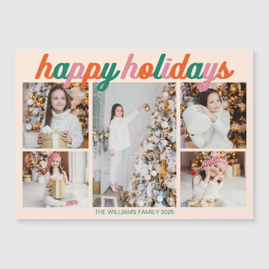 Retro Happy Holidays 5 Photo Collage Magnet Card (正面)