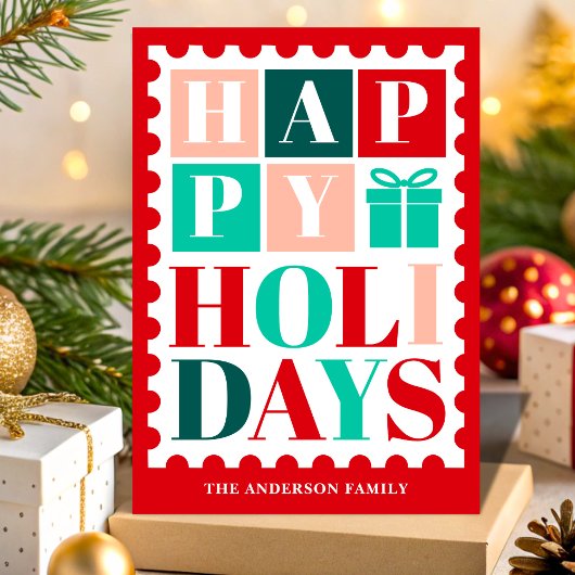 Retro Happy Holidays Christmas Postage Stamp シーズンカード